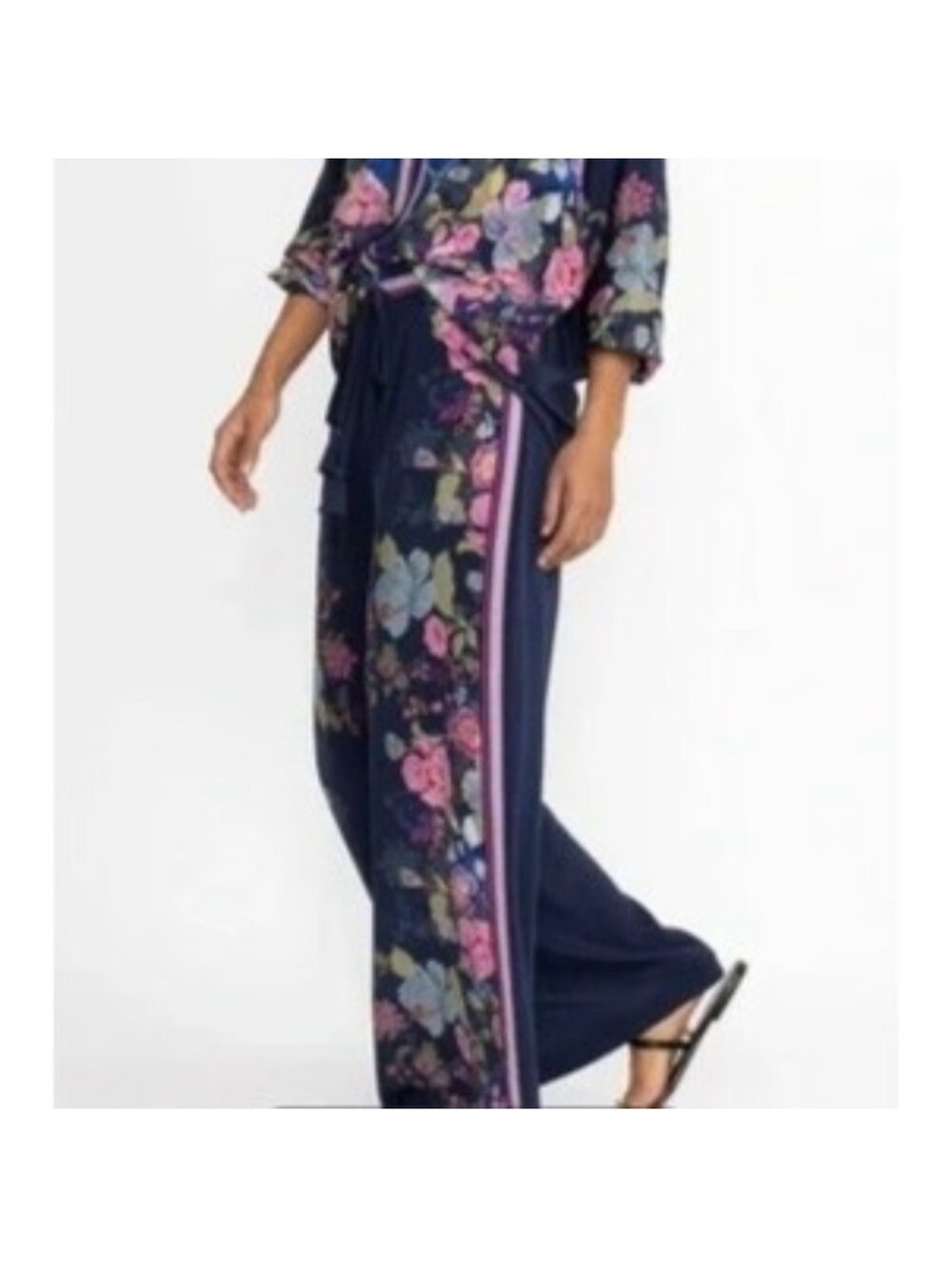 Johnny Was Jade Valeria Floral Print Silk Wide Leg Pants Navy, size small